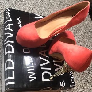 Coral suede with gold heel